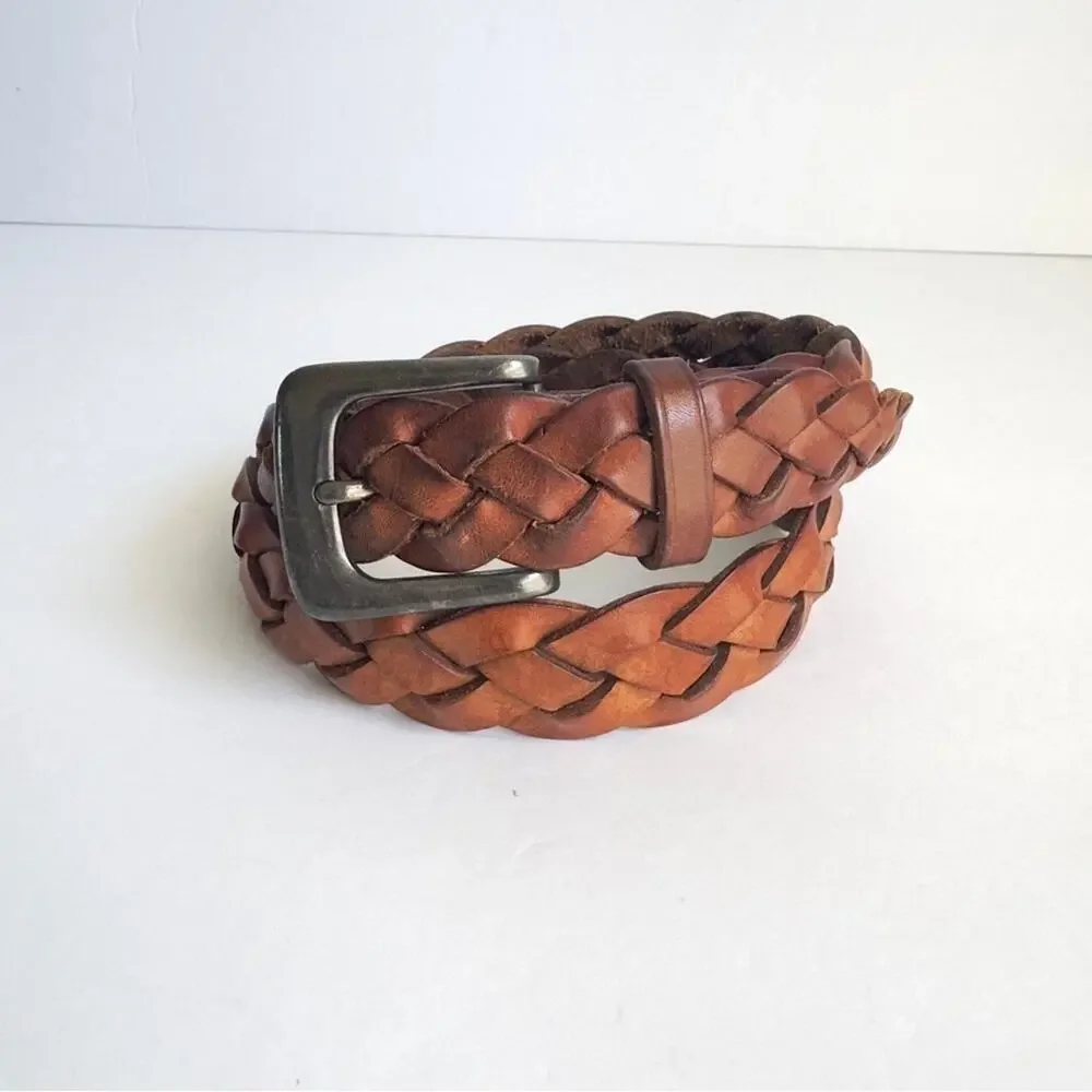 Vintage Brown Woven Leather Belt Western Distressed Boho Wide Braided 28 Small‎